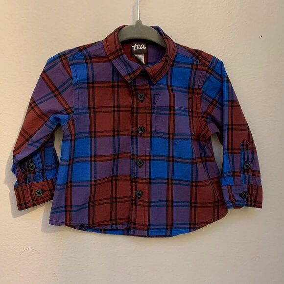 Tea Collection Blue Plaid Button Up Baby Shirt 100% Cotton 6-9M - Picture 2 of 8